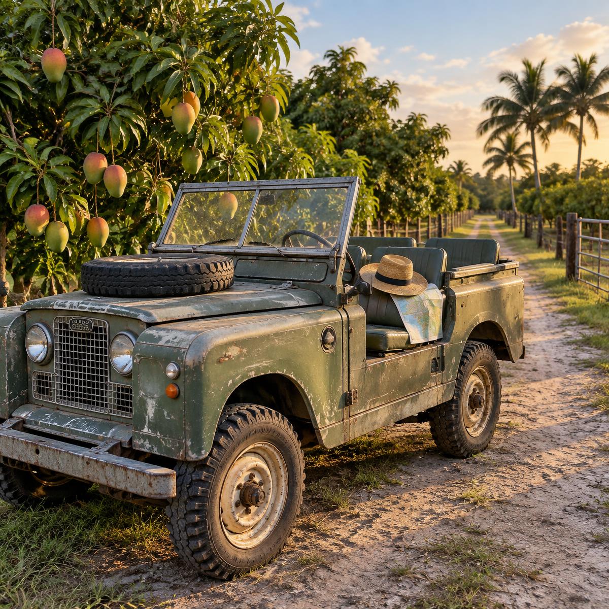 Touring vehicle parked along a Redland farm road